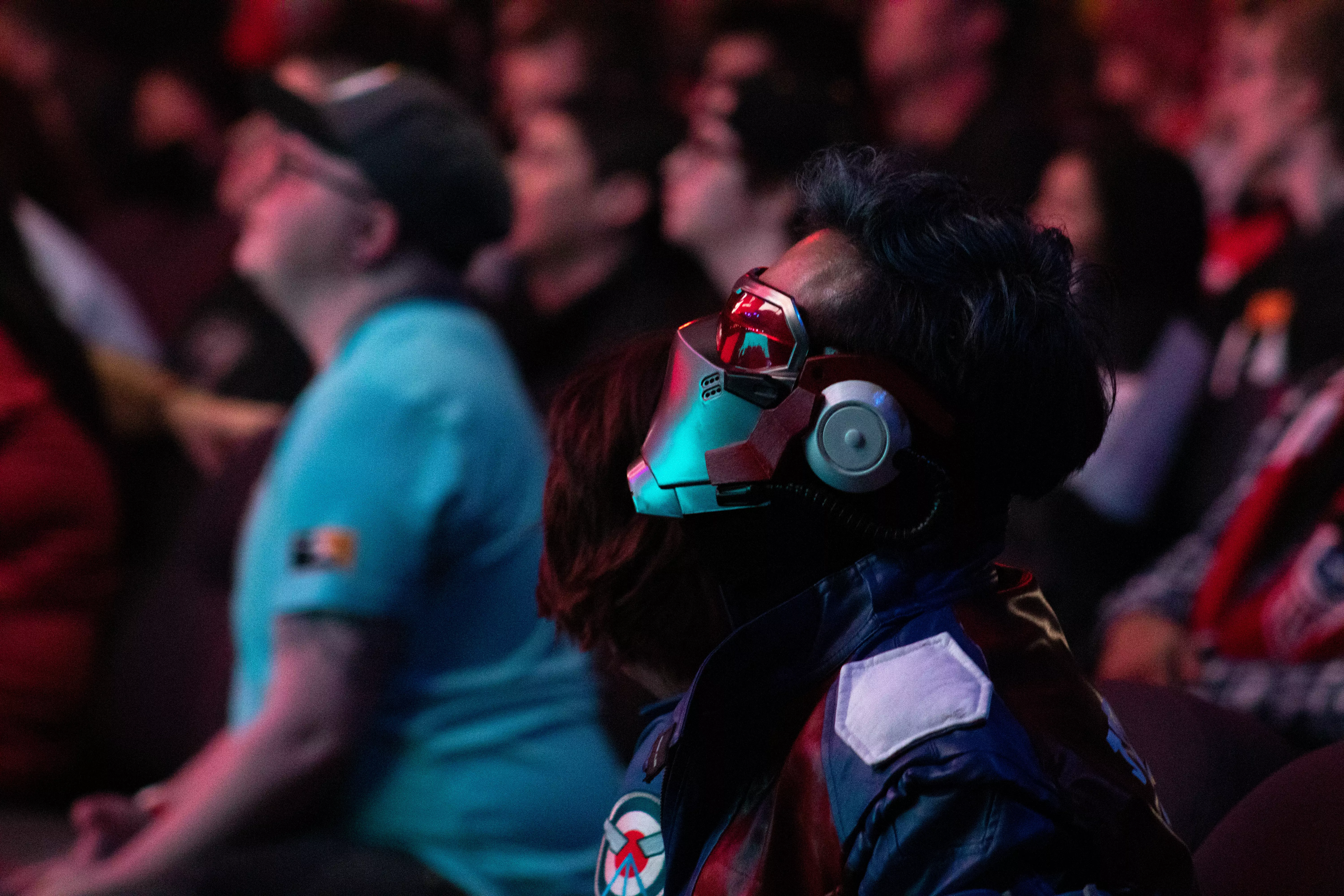 A closeup shot of a cosplayer's mask